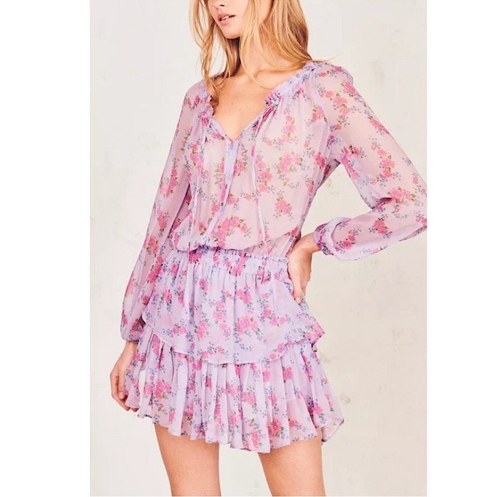 LoveshackFancy 🌸🍃 Floral Sheer Lilac Popover Mini Dress